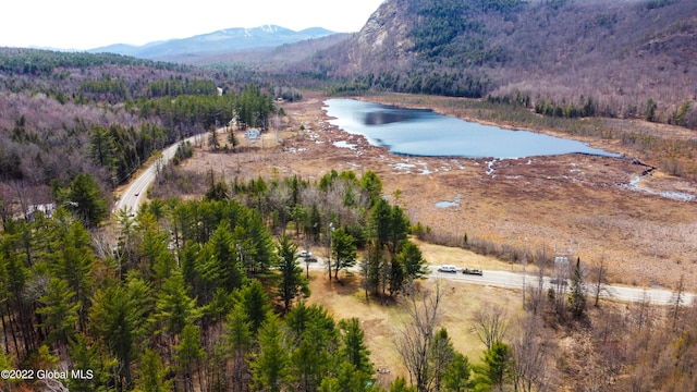 aerial view featuring a water and mountain view