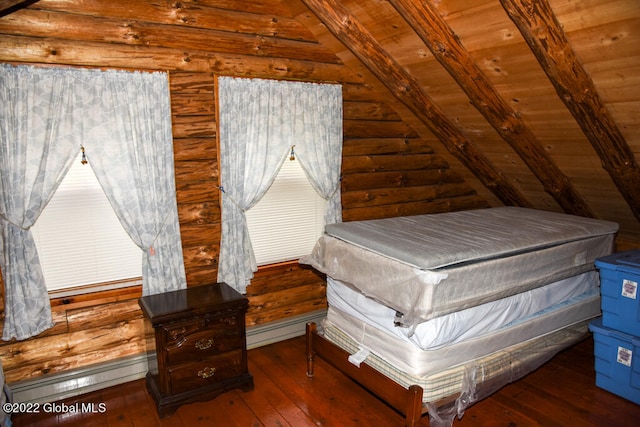 unfurnished bedroom featuring lofted ceiling with beams, dark hardwood / wood-style floors, wooden ceiling, and rustic walls