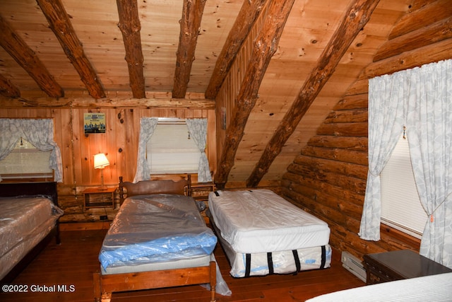 bedroom with dark hardwood / wood-style floors, log walls, beam ceiling, and wood ceiling