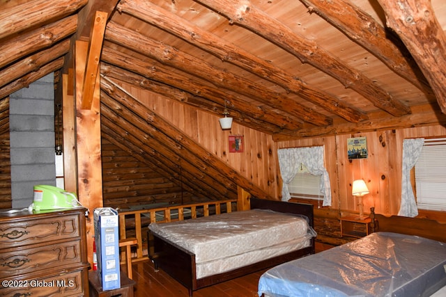 unfurnished bedroom with dark hardwood / wood-style flooring, wooden ceiling, lofted ceiling with beams, and wooden walls