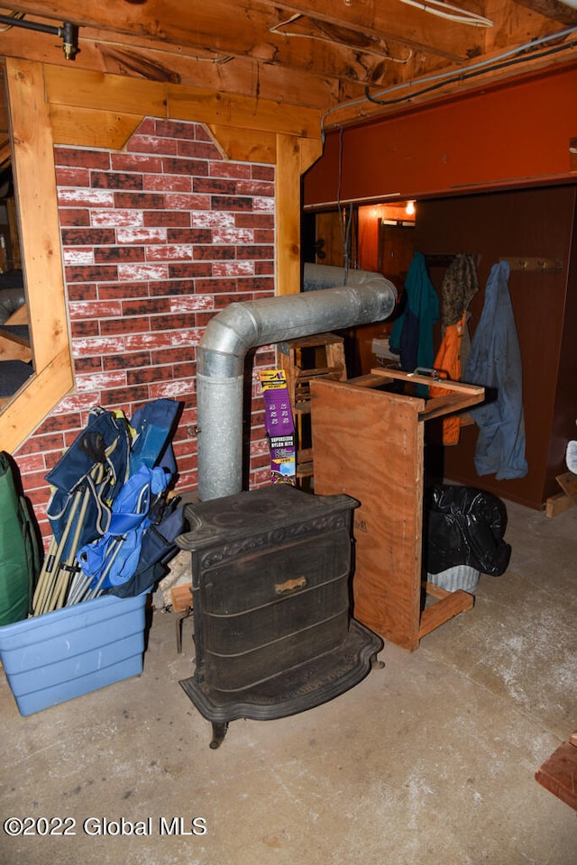 interior space featuring a wood stove