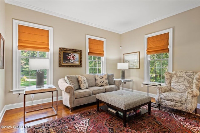 living area featuring plenty of natural light, baseboards, wood finished floors, and ornamental molding
