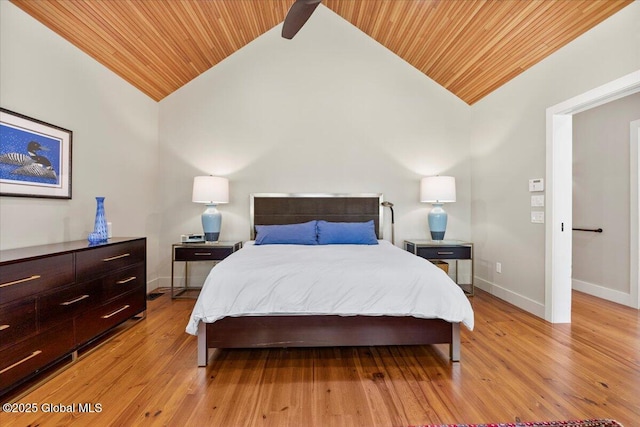 bedroom with light wood-style flooring, wood ceiling, high vaulted ceiling, and baseboards