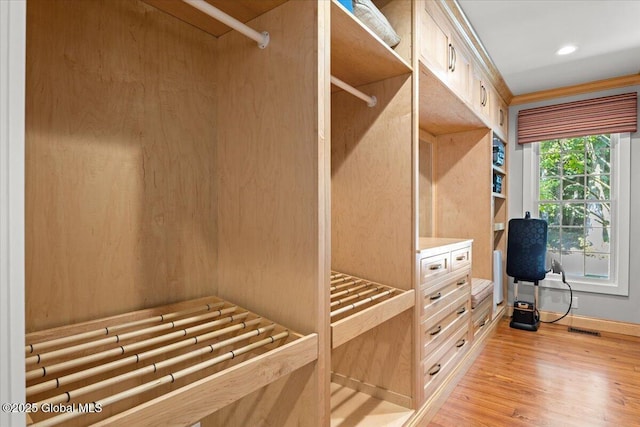 walk in closet featuring light wood finished floors and visible vents