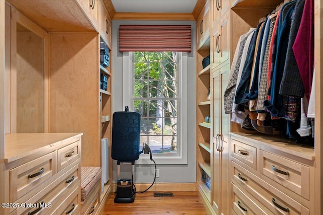 spacious closet with light wood-style flooring and visible vents