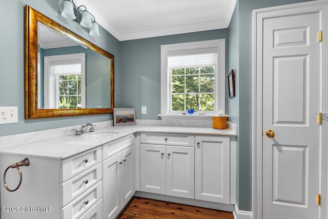 5 Winding Brook Dr, Saratoga Springs, NY 12866 - bathroom featuring ornamental molding, plenty of natural light, vanity, and wood finished floors