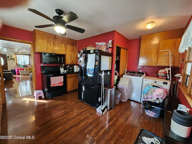 269 Broadway, Menands, NY 12204 - kitchen with black appliances, washing machine and dryer, dark wood finished floors, a ceiling fan, and brown cabinets