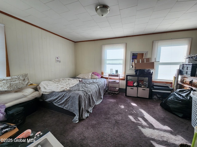269 Broadway, Menands, NY 12204 - carpeted bedroom with crown molding, multiple windows, and wood walls