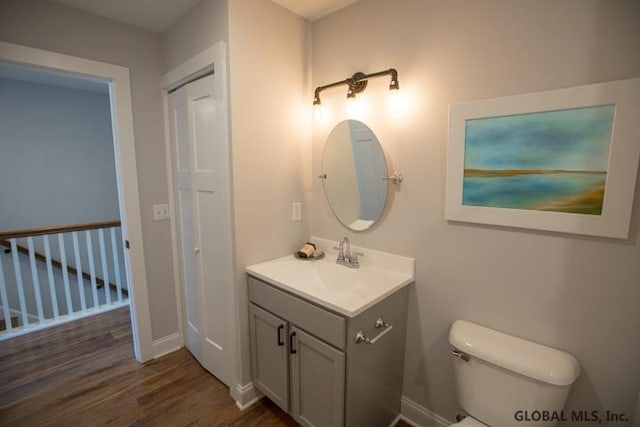 bathroom featuring oversized vanity, toilet, and wood-type flooring