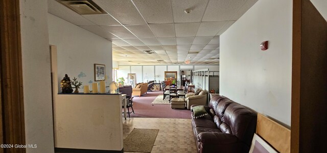 carpeted living room with a drop ceiling