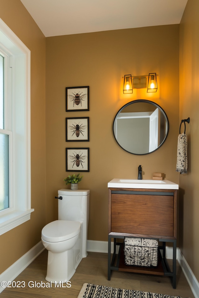 bathroom with toilet, wood-type flooring, large vanity, and a wealth of natural light