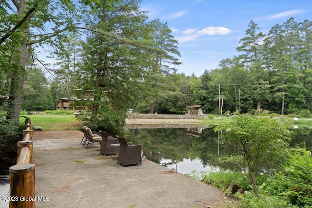 view of terrace featuring a water view