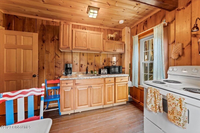 kitchen with wooden ceiling, white range with electric stovetop, wood walls, hardwood / wood-style floors, and sink