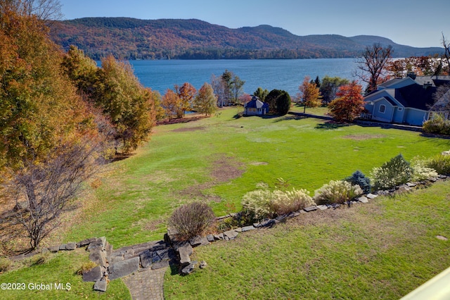 birds eye view of property with a water and mountain view