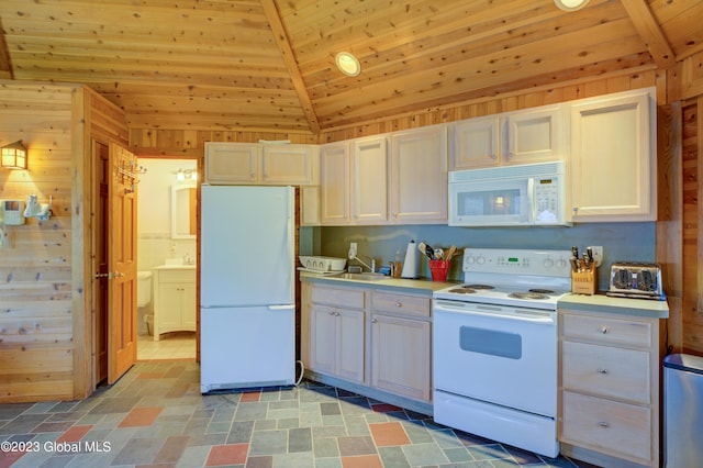 kitchen with lofted ceiling, white appliances, light tile floors, white cabinets, and wood ceiling