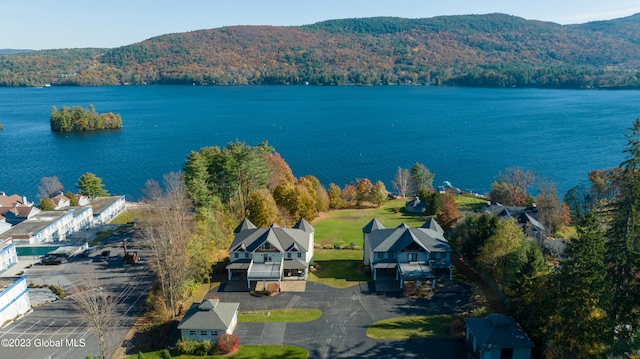 drone / aerial view with a water and mountain view