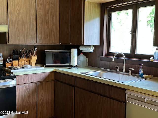 kitchen with plenty of natural light, electric stove, sink, and stainless steel dishwasher