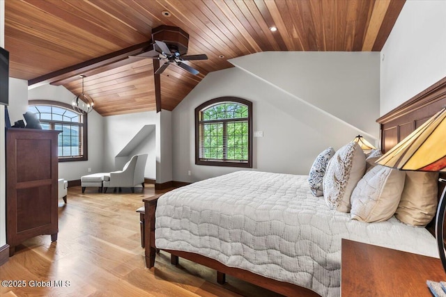 41 Trinity Rock Rd, Lake George, NY 12845 - bedroom featuring lofted ceiling, wooden ceiling, wood finished floors, and a ceiling fan