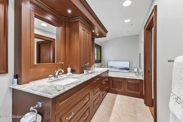 41 Trinity Rock Rd, Lake George, NY 12845 - full bathroom featuring double vanity, recessed lighting, and lofted ceiling