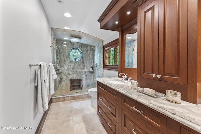 41 Trinity Rock Rd, Lake George, NY 12845 - bathroom featuring a marble finish shower, vanity, recessed lighting, and tile patterned flooring