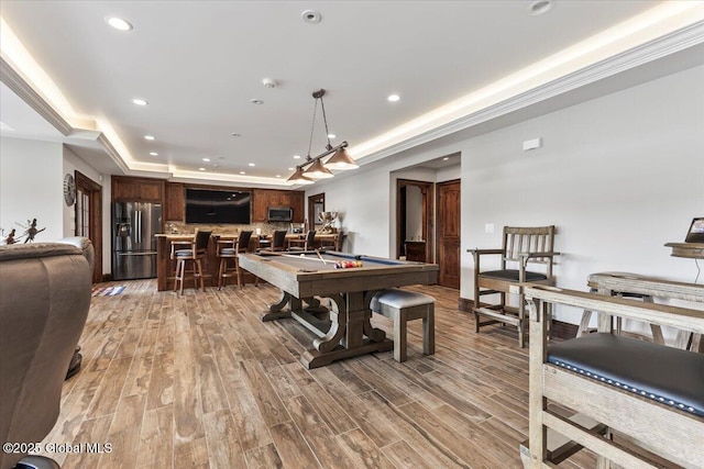41 Trinity Rock Rd, Lake George, NY 12845 - recreation room with a raised ceiling, billiards, recessed lighting, and light wood-style flooring