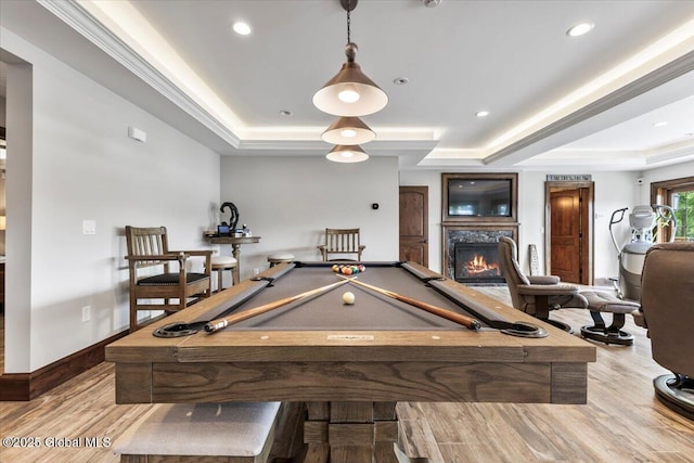 41 Trinity Rock Rd, Lake George, NY 12845 - recreation room featuring a raised ceiling, a high end fireplace, pool table, wood finished floors, and recessed lighting