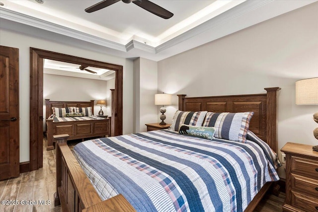 41 Trinity Rock Rd, Lake George, NY 12845 - bedroom featuring light wood-type flooring, a ceiling fan, and a raised ceiling