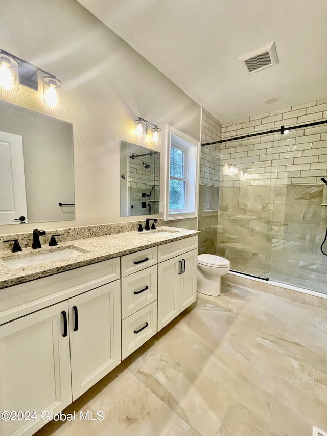 bathroom with vanity, toilet, and walk in shower