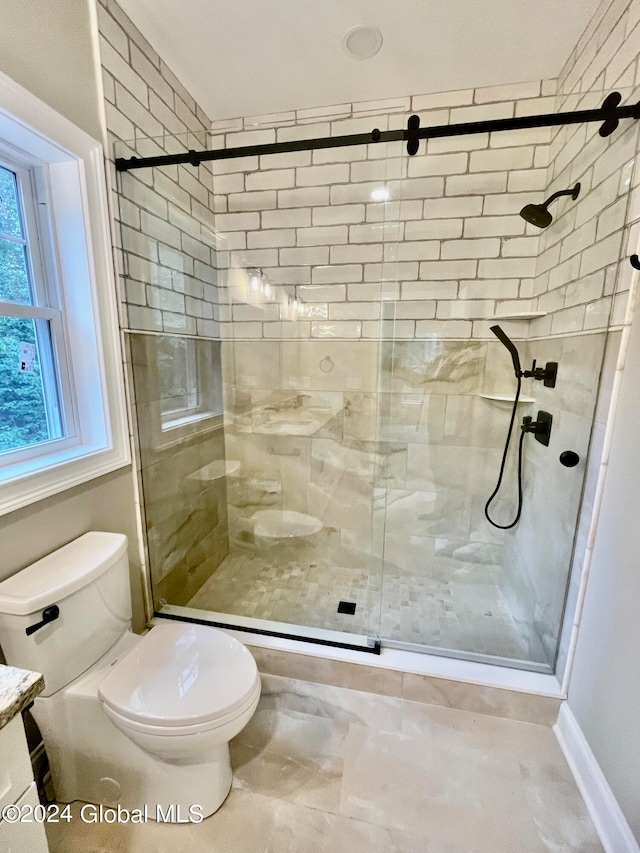 bathroom with vanity, an enclosed shower, and toilet