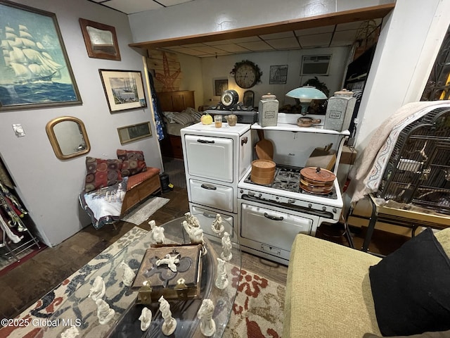 82 N Williams St, Whitehall, NY 12887 - interior space featuring white gas range oven, wood finished floors, and a paneled ceiling