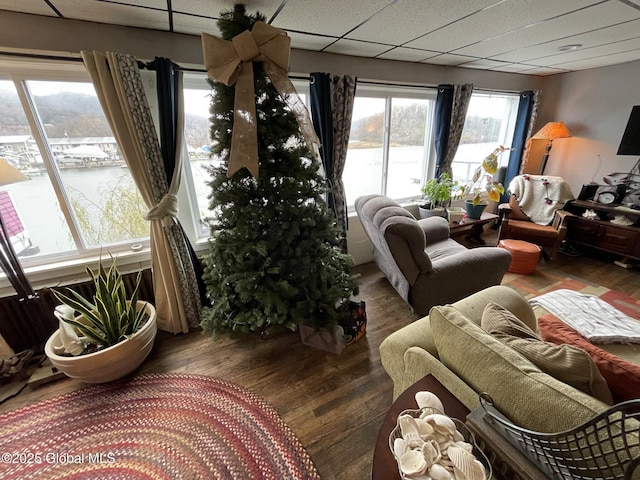 82 N Williams St, Whitehall, NY 12887 - living area featuring a water view, wood-type flooring, and a drop ceiling