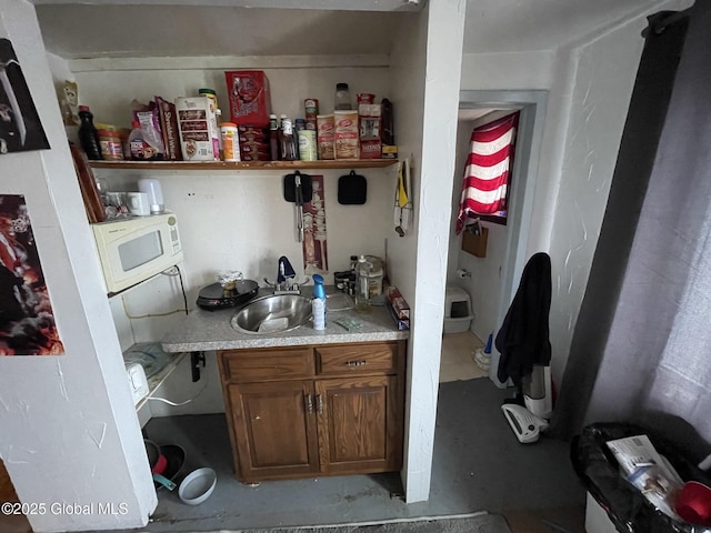 82 N Williams St, Whitehall, NY 12887 - kitchen with brown cabinets, open shelves, a sink, light countertops, and white microwave