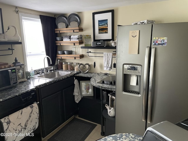 82 N Williams St, Whitehall, NY 12887 - kitchen featuring open shelves, appliances with stainless steel finishes, dark countertops, a sink, and dark cabinetry