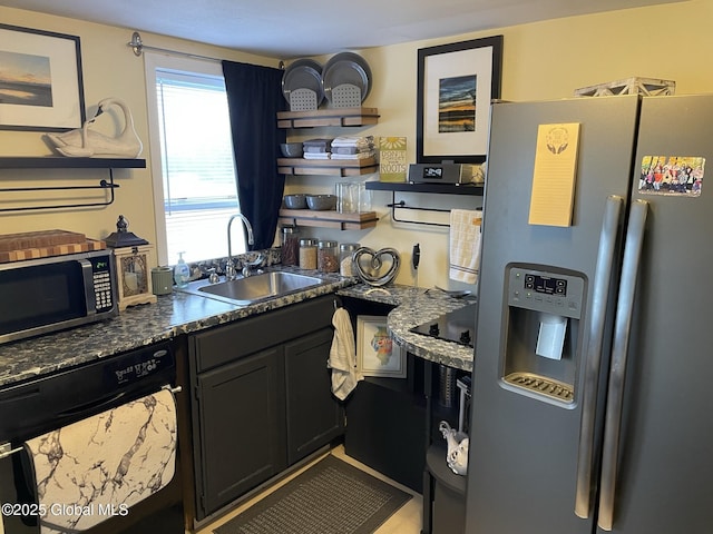 82 N Williams St, Whitehall, NY 12887 - kitchen with open shelves, dark countertops, dark cabinetry, a sink, and black appliances