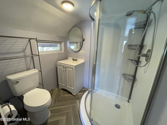 82 N Williams St, Whitehall, NY 12887 - bathroom with vanity, a shower stall, vaulted ceiling, and toilet