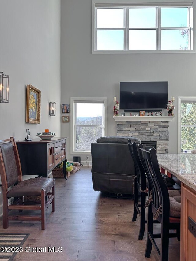 living room featuring a stone fireplace, a healthy amount of sunlight, hardwood / wood-style floors, and a towering ceiling