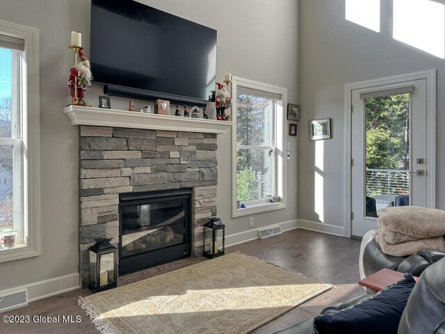 living room with a stone fireplace, a healthy amount of sunlight, and dark hardwood / wood-style flooring