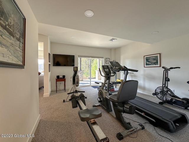 workout area featuring carpet flooring