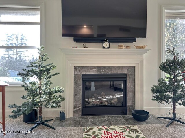 room details with a tile fireplace