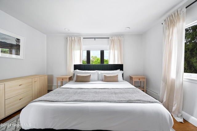 bedroom with dark hardwood / wood-style floors, a baseboard radiator, and multiple windows