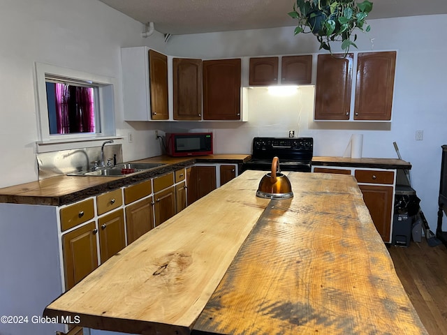 kitchen featuring dark hardwood / wood-style floors, dark brown cabinets, black appliances, wood counters, and sink