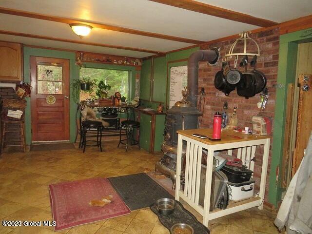 kitchen with a wood stove