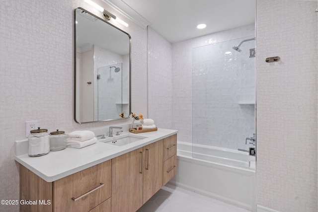 full bathroom featuring vanity, tile patterned floors, and tub / shower combination