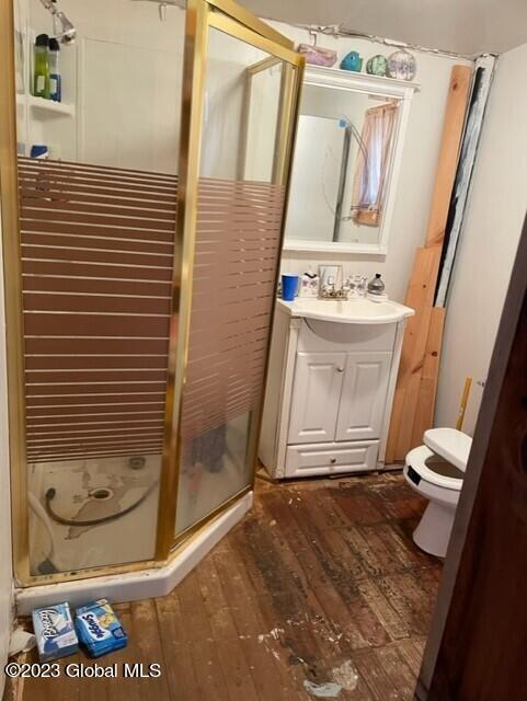 bathroom with toilet, wood-type flooring, vanity, and a shower stall