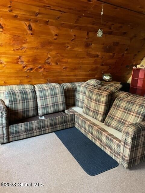 living room with wood walls and carpet flooring