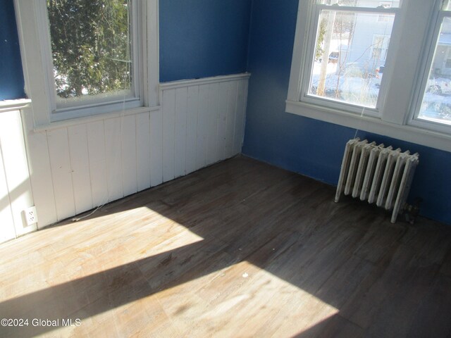 spare room with dark hardwood / wood-style flooring and radiator heating unit