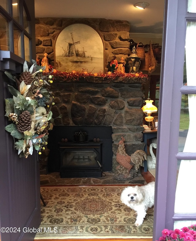 room details featuring ornamental molding and a stone fireplace