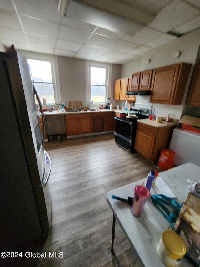 kitchen featuring a paneled ceiling, refrigerator, light hardwood / wood-style floors, and a healthy amount of sunlight