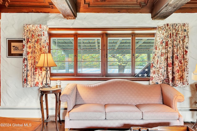 living room featuring wooden ceiling and beam ceiling