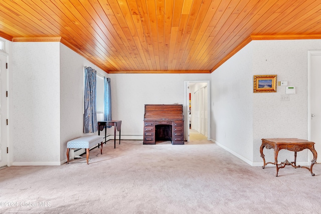 sitting room featuring carpet and wood ceiling